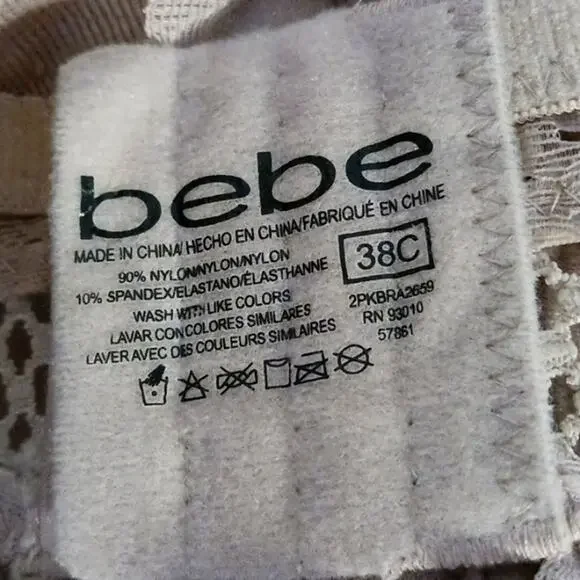 bebe Bustier 38C Lace Fringe Bra CHAMPAGNE DUSK Lace Trim Edge w Sporty Straps - Picture 13 of 13